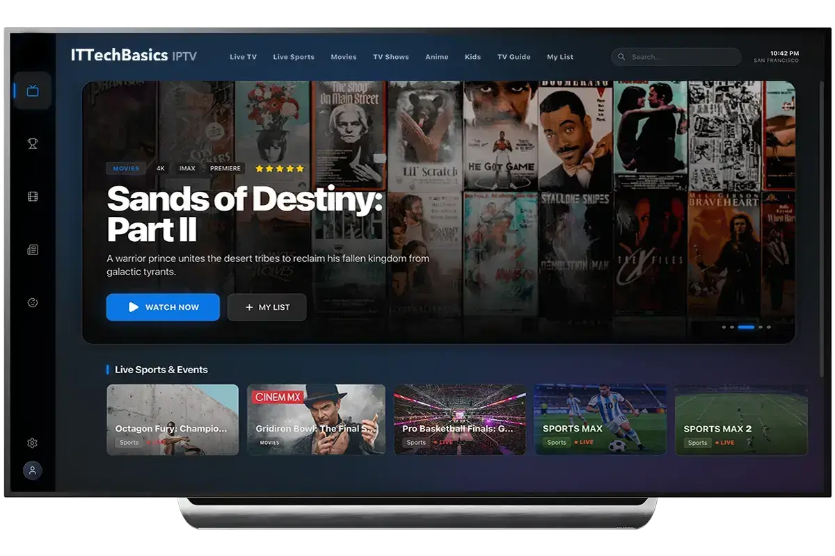 ITTechBasics IPTV 4K interface showing Live TV, Sports, and Movies menus